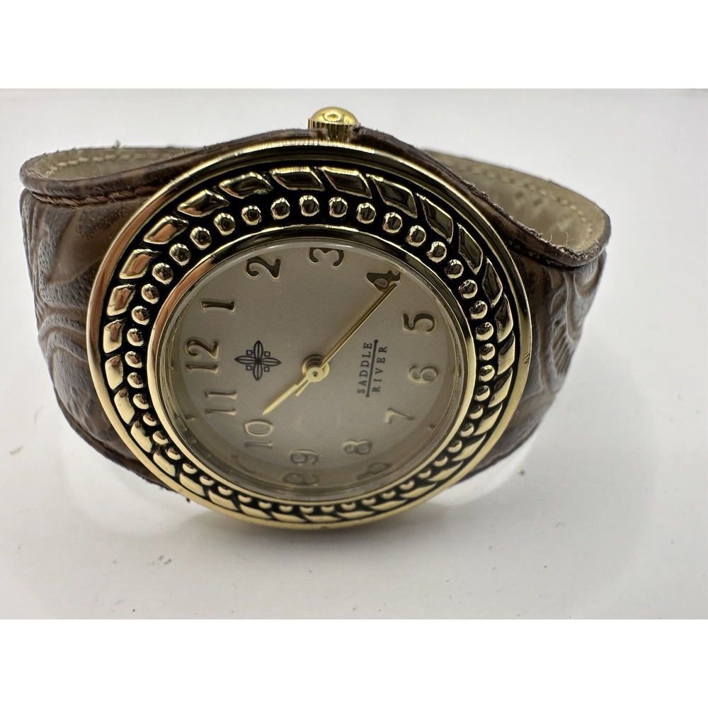 Saddle River Watch 10451 Women Gold Tone 32MM 6" Leather Open Cuff New Battery Q